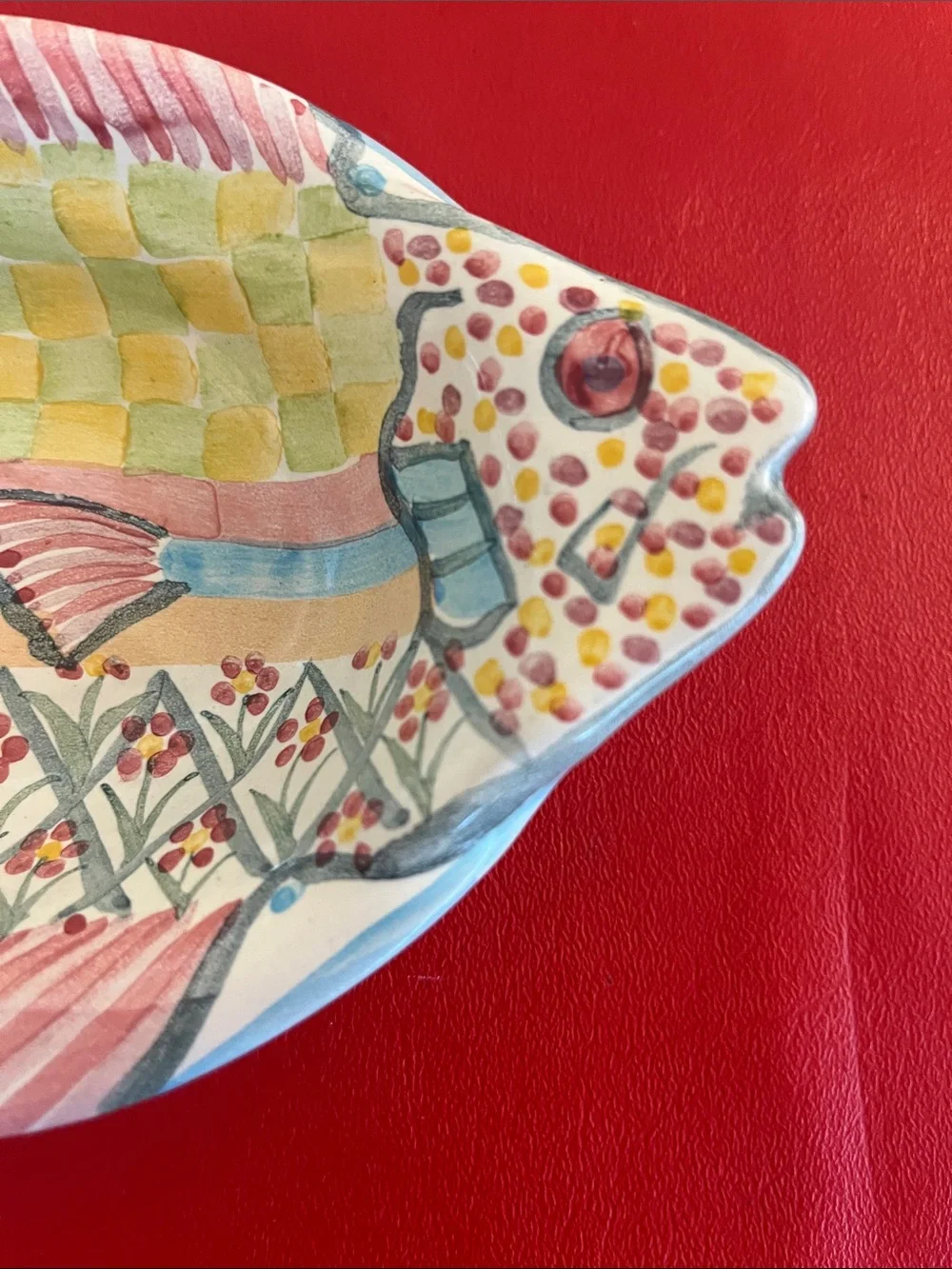 Vintage 1983 Hand-Painted Fish Ceramic Dish in Pink and Yellow
